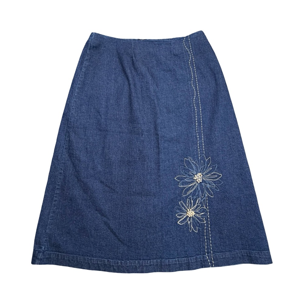 Casual Corner Denim Skirt Womens 10 Blue Floral Embroidered A-Line Cotton Vinage